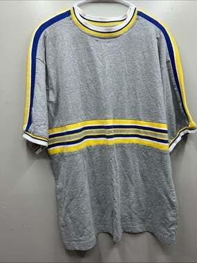 90s Plugg Grey Tee with Yellow and Blue Stripe Accents
